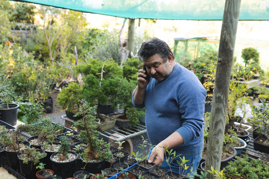 Caucasian male gardener talking by smartphone at garden centre - Powered by Adobe