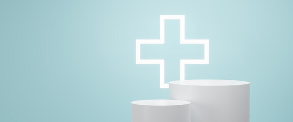 Obraz premium Abstract 3d geometric shape object illustration render, white podium in blue background, display for technology and medical business, advertising products, spa body care, relaxation, health