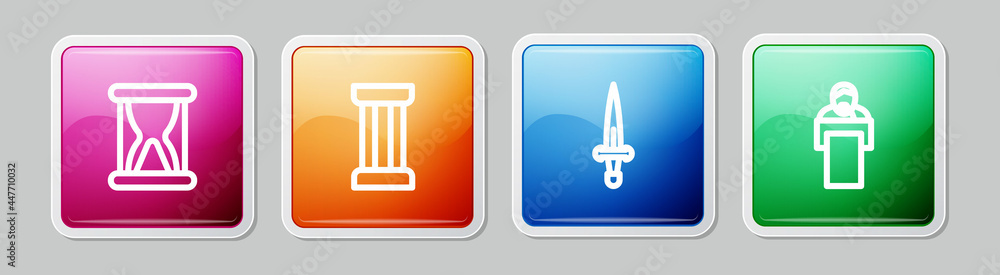 Poster set line old hourglass with sand, ancient column, dagger and gives lecture. colorful square button. 