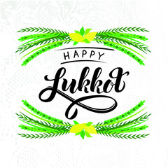 Happy Sukkot handwritten text for Jewish traditional holiday. Modern brush calligraphy with illustration of lulav (date palm), Etrog (citron), arava (willow) and hadas (myrtle). Hand lettering.Vector 