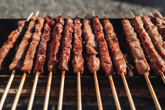 Arrosticini, a traditional sheep meat skewer from Abruzzo region, italy