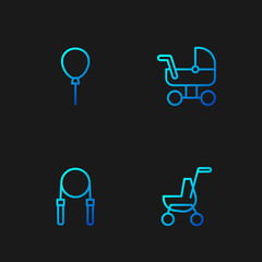 Set line Baby stroller, Jump rope, Balloons with ribbon and . Gradient color icons. Vector