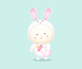 Cute baby in bunny costume holding pacifier. cartoon illustration Premium Vector