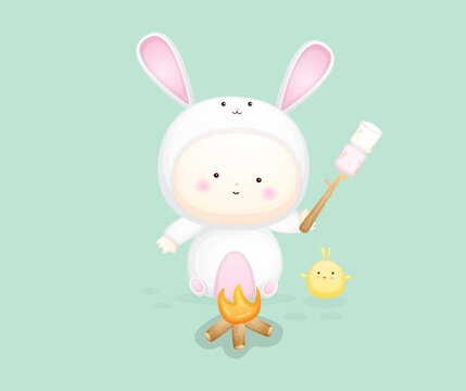 Cute baby in bunny costume holding marshmallow. cartoon illustration Premium Vector