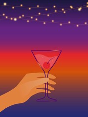 Alcohol party poster template. Hand holds a cocktail on a background of sunset and lights. Vector illustration