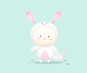 Cute baby in bunny costume holding rabbit doll. cartoon illustration Premium Vector