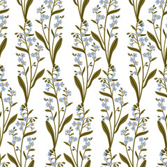 Cute blue branch of forget-me-not flower seamless pattern. Delicate summer herb texture. Vector background for paper, cover, fabric, interior decor.