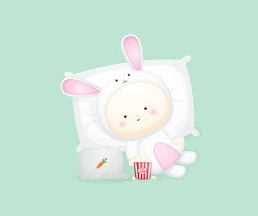 Cute baby in bunny costume lying and watching movie. cartoon illustration Premium Vector