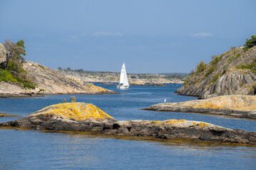 Sail boat crusing through swedish west coast archipelago