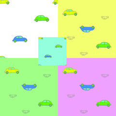 seamless  sets pattern with blue, yellow, green,  cars in different colors and designs for use in modern fabric packaging and digital products