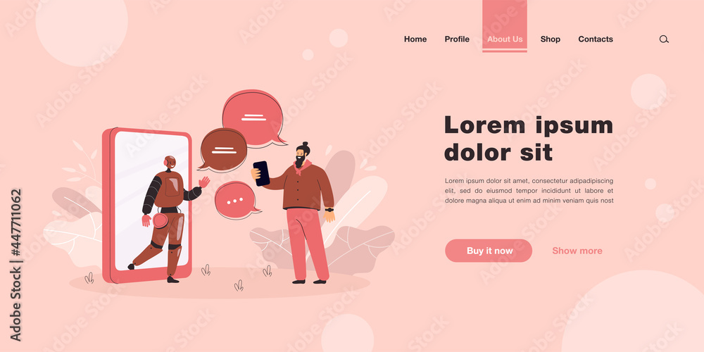 Poster tiny man chatting online with ai assistant flat vector illustration. cartoon customer getting virtua