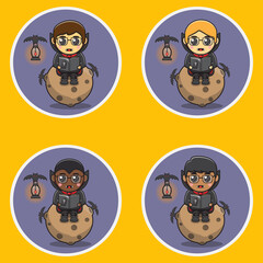 Vector illustration of Dracula sitting on Moon and reading book cartoon characters. Cute Boys in Halloween Dracula costumes. Halloween Vampire cartoon Vector illustration.