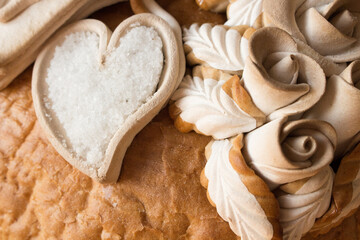 Wedding traditions. Traditional wedding bread with salt detail. 