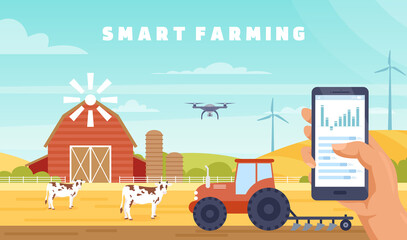 Smart farming agriculture technology vector illustration. Cartoon farmer hands holding mobile smartphone, using tech innovation for management of agricultural tractor machinery, drone, wind turbines