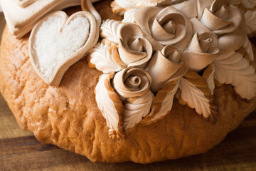Wedding traditions. Traditional wedding bread with salt detail. 
