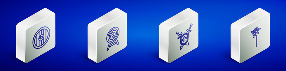Set Isometric line Round wooden shield, Target with arrow, Medieval swords and Magic staff icon. Vector