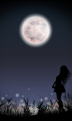 Fototapeta na wymiar Girl standing in the moonlight silhouette art
