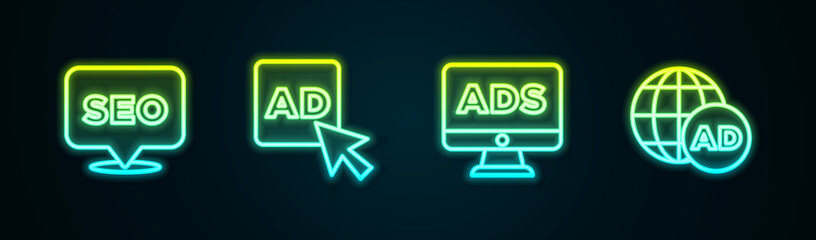 Set line SEO optimization, Advertising, and . Glowing neon icon. Vector