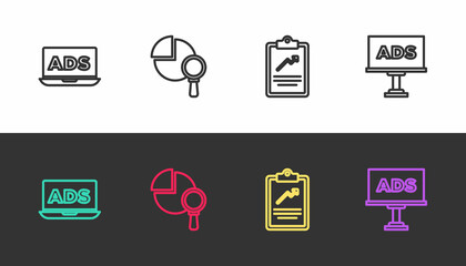 Set line Advertising, Magnifying glass and analysis, Clipboard with graph chart and on black and white. Vector