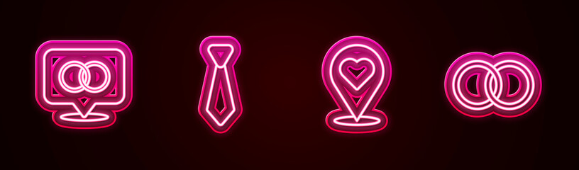 Set line Wedding rings, Tie, Location with heart and . Glowing neon icon. Vector