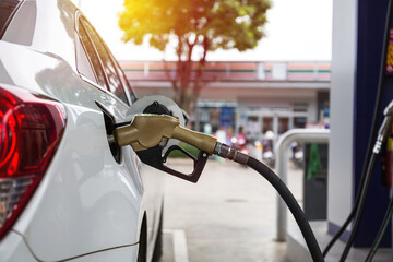 Closeup of people pumping gasoline fuel in car at gas station. Petrol or gasoline being pumped into...