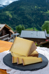 Cheese collection, French cow cheese comte, beaufort, abondance and french mountains village in...