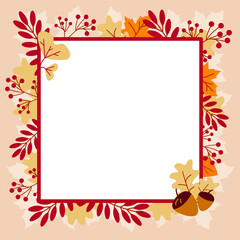 Fototapeta na wymiar Attractive Vector frame with autumn leaves in bright color with space for text. Vector illustration.