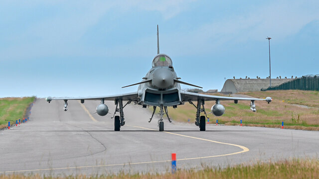 RAF Eurofighter Typhoon take off head on
