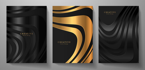 Modern cover design set.  Abstract  wavy background with line pattern (curves) in premium gold and black. Creative vector collection for business background, brochure template, stripe sport catalog