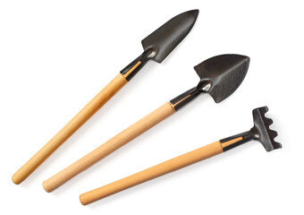 Gardening tools isolated on white background, top view