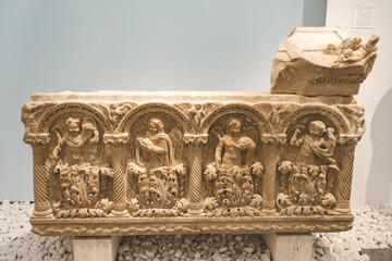 Museum of the ancient city of Aphrodisias. The processed marble tomb in the museum. Ancient...