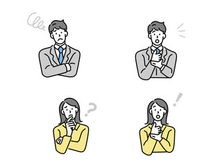 疑問と問題の解決を表情で表す男女のイラスト(ソーシャルメディア、会議、ミーティング、閃き、考える、理解する、悩む) resolution, Confused woman thinking together. People with question marks vector illustration. men with question, thinking guy