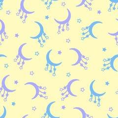 Seamless pattern of the moon and stars in soft pastel colors. Vector repeating illustration for children's bedrooms and clothes.