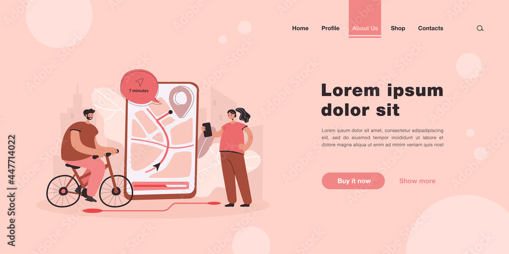 Poster tiny people using mobile app for navigation in city flat vector illustration. cartoon characters wat