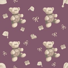pattern for children with objects : a bear toy, a bow, a hat, booties, socks.