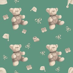Obraz premium a bright children's pattern with a bear a toy and children's objects