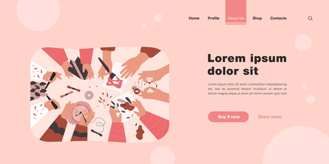 Top view of desk with handmade works of art. Children knitting, scrapbooking, sewing, embroidering, painting in craft workshop. Creative vector illustration for DIY, craftwork, hobby concept