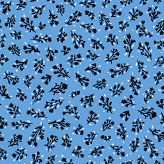 Doodled flowers with leaves and white dots seamless repeat pattern. Random placed, vector botanical and geometrical elements all over surface print on blue background.