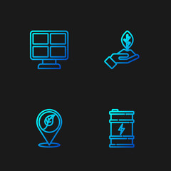 Set line Bio fuel barrel, Location with leaf, Solar energy panel and Plant in hand. Gradient color icons. Vector