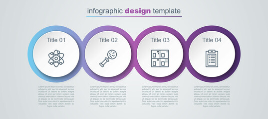 Set line Atom, Microorganisms under magnifier, Periodic table and Clinical record. Business infographic template. Vector