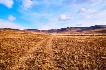 Nature landscape with golden glass, old rural road, hills and blue sky with white clouds on background in a nice day or a evening