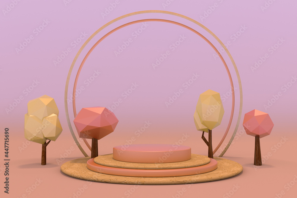 Poster 3d autumn scene with geometric composition empty podium and low poly red trees for product presentat