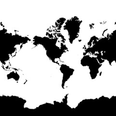 Planisphere black silhouette vector illustration isolated on white - World map with America in the middle and Antartica 