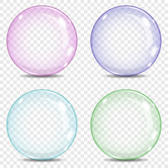 Four Big transparent glass sphere, bubble with a rainbow colors, purple, blue, green, glares and shadow, on a plaid background