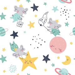 Seamless childish pattern with catching stars cute elephants, planets, cloud, moon and stars. Creative kids texture for fabric, wrapping, textile, wallpaper, apparel. Vector illustration