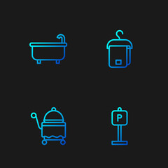 Set line Parking, Covered with tray, Bathtub and Towel on hanger. Gradient color icons. Vector