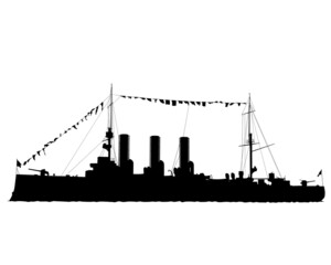 Old warship is sailing on the sea. Isolated silhouette on white background