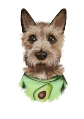 Digital illustration. Brabancon dog portrait in t-shirt with avocado 