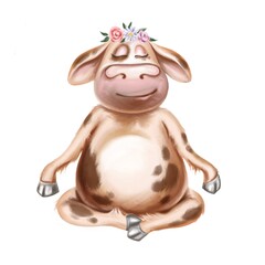 Digital illustration. Cartoon cow doing yoga 