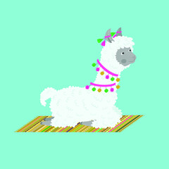 Llama sitting on a traditional carpet. Animal character design. Children's poster. Nursery wall art. Vector illustration